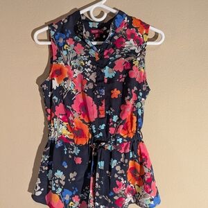 Merona Black and Red Sleeveless Blouse with Mandarin Collar and Tie Front